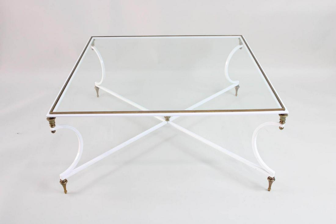 Hollywood Regency Maison Jensen Style Square Iron, Brass & Glass Coffee Table (1 of 7)