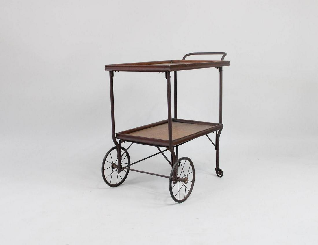 Antique Wood 2 Tier Bar Cart with Metal Wheels, Serving Trolley (1 of 15)