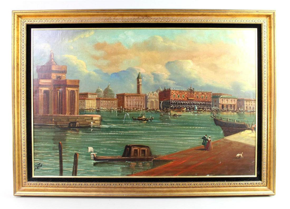 Large Landscape Painting of Venice Canal, Signed Patin (1 of 12)