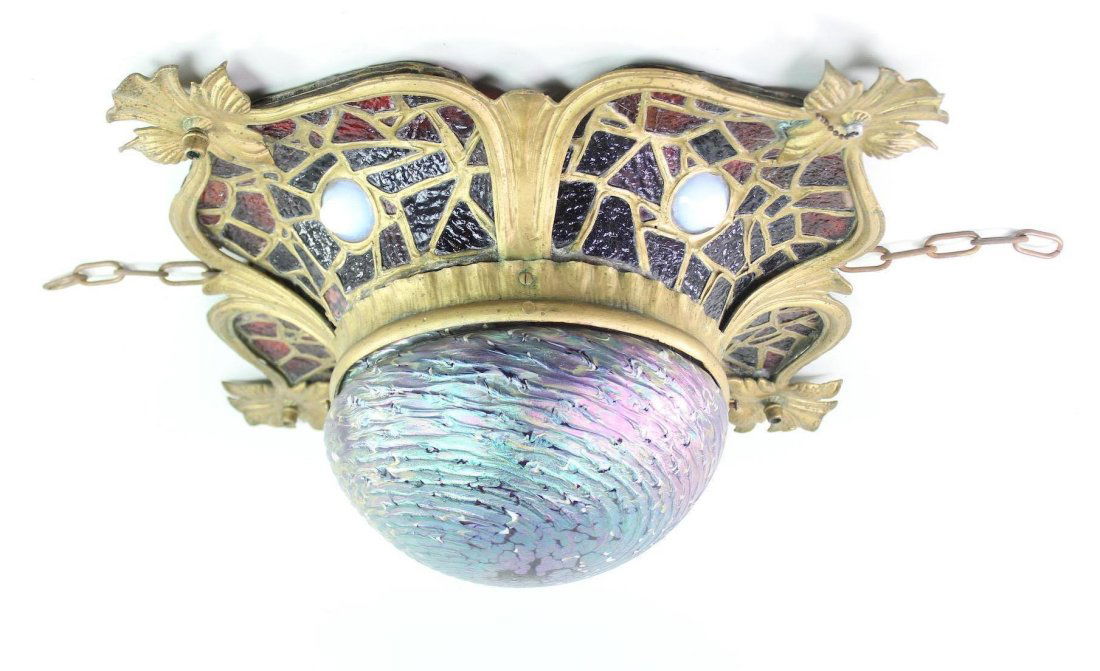 Stained Glass Lamp; Iridescent Globe Hanging Light Fixture (1 of 13)