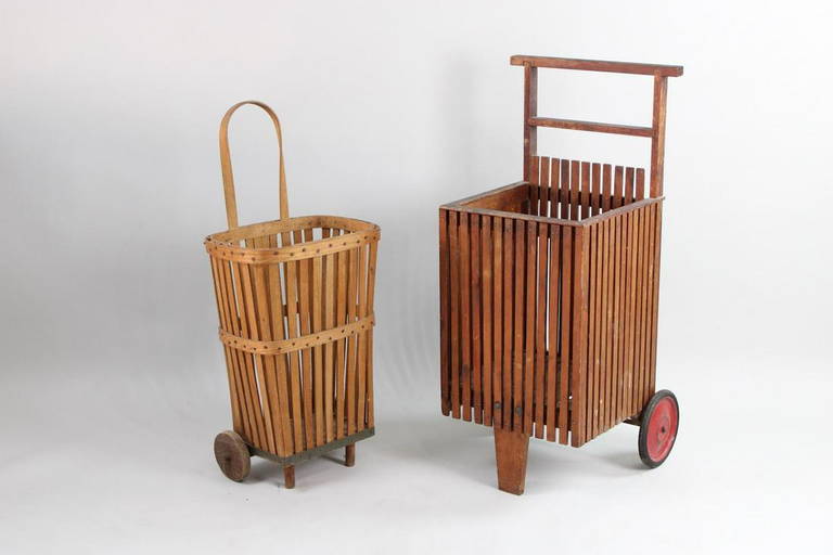Lot of 2 Primitive Wood Slatted Rolling Basket Carts (0057) on Jan 07