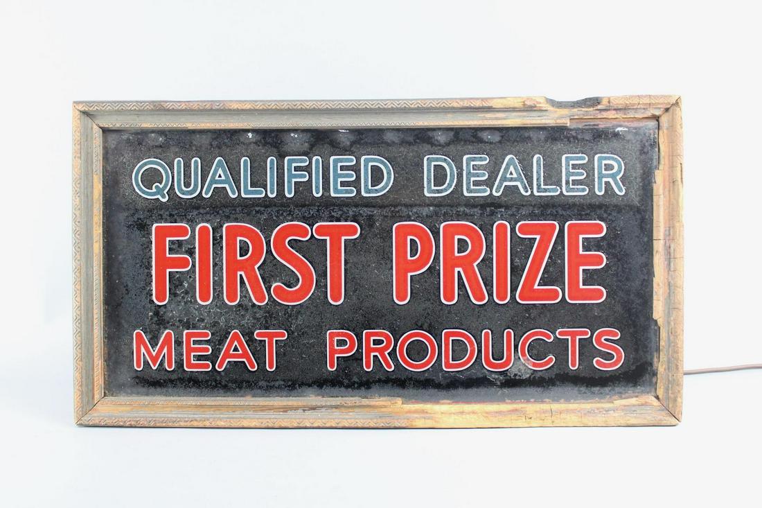 Reverse Painted Glass Light Up Sign, "First Prize Meat Products", Butcher Shop (1 of 13)