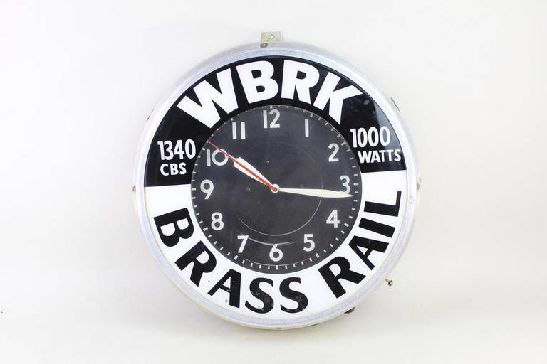 Light Up Radio Station Advertising Wall Clock, Brass Rail