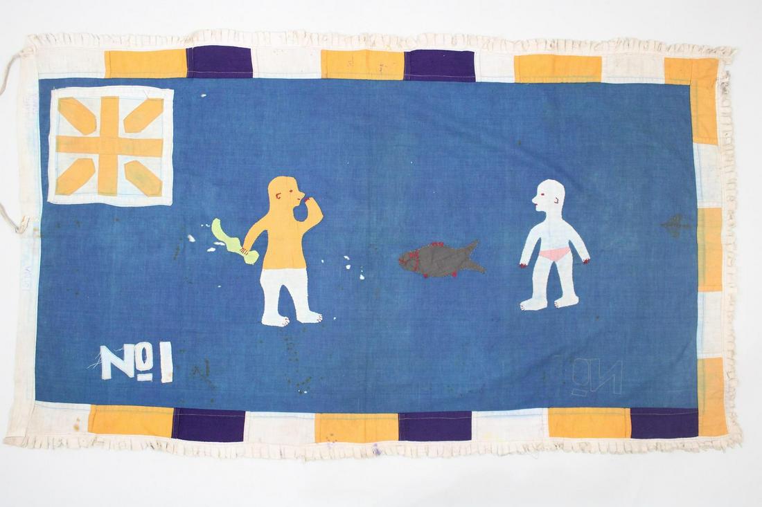 Fante Asafo Flag, Man, Child, and Fish, Mid-20th C. Ghana, 40 of 107: Fante Asafo Flag #40 depicts a yellow man , gray fish, and white man, possibly child, with company No. 1 mark in lower left, over blueÂ ground, with heavily stylized Union Jack flag canton b