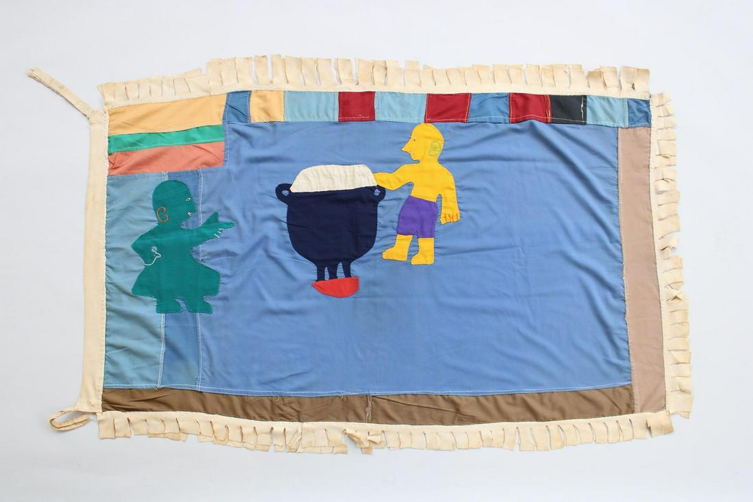 Fante Asafo Flag, Boiling Pot by Kwame Asemstin, 20th C. Ghana, 48 of 107: Fante Asafo Flag #48 ;The Boiling Pot' by makerÂ Kwame Asemstin of workshopÂ Kormantse, Central Region Ghana, depicts the saying: â€œIt boils, but it does not burn.
