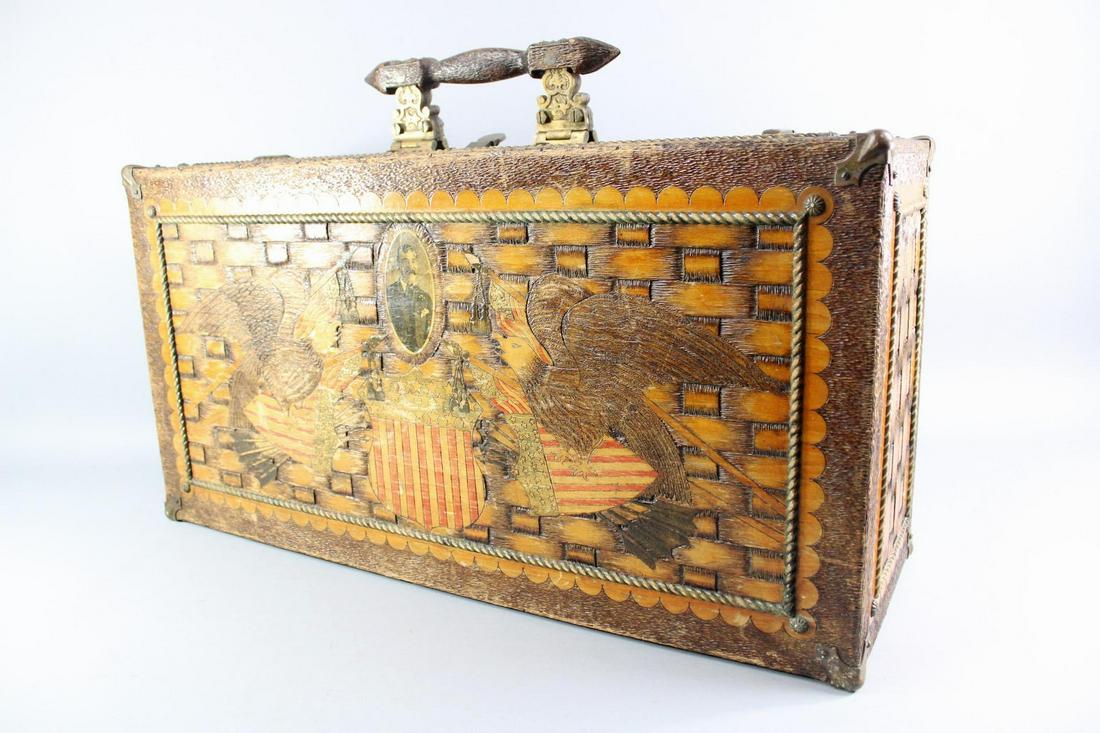 Antique American Folk Art Pyrography Wood Suitcase (1 of 16)