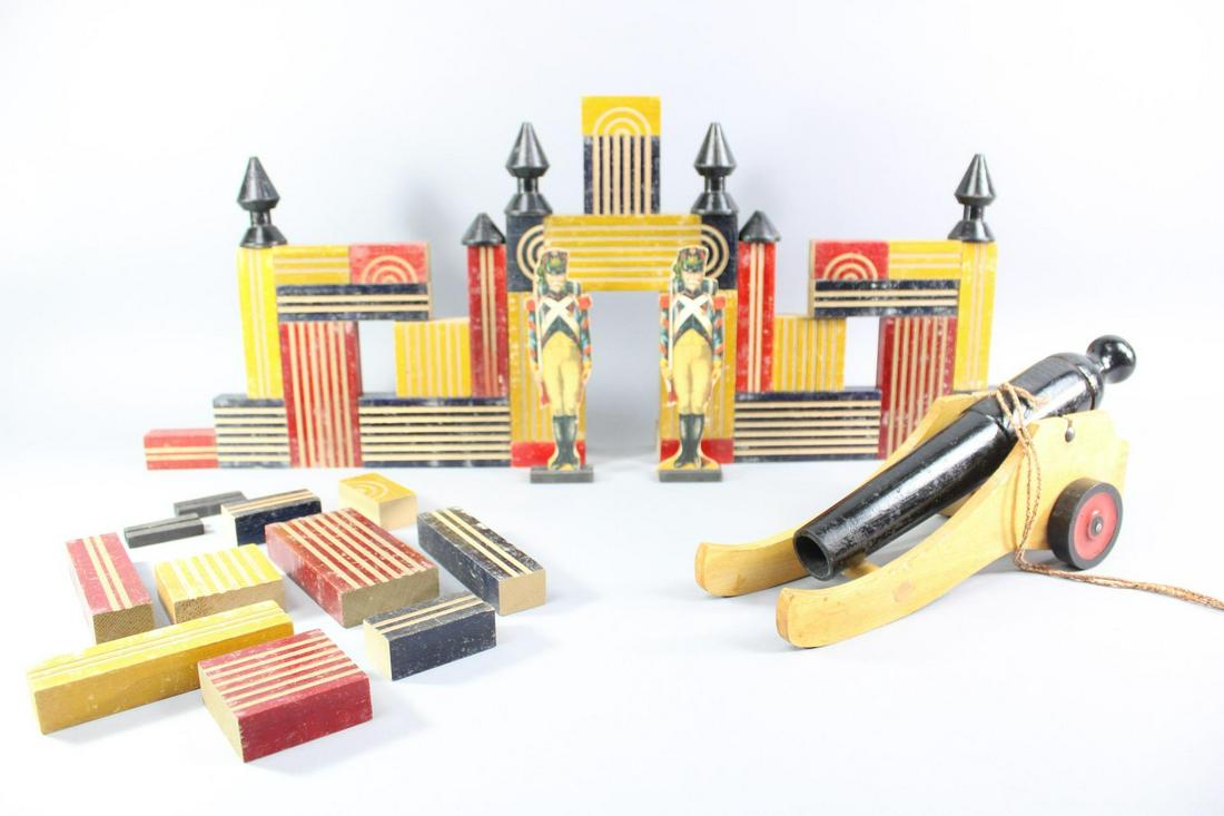 Antique Ticonderoga Lithograph Wooden Skittles Game Block Toy Set (1 of 16)