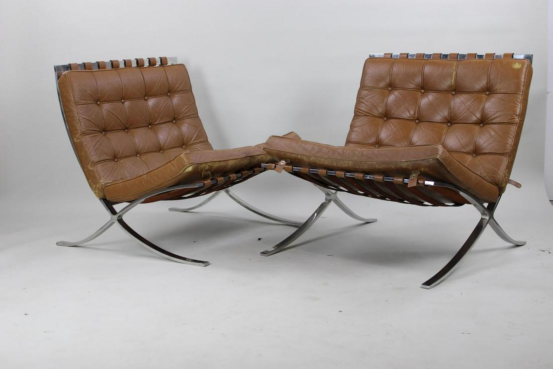 Pair of Mies van der Rohe Barcelona Chairs, Brown Leather: Pair of Mies van der Rohe Barcelona Chairs, Brown Leather. This is a nice older pair of Barcelona chairs in brown. The straps are all intact. Dimensions are 29.25in h x 29.25 in w x 31 in d. Condition