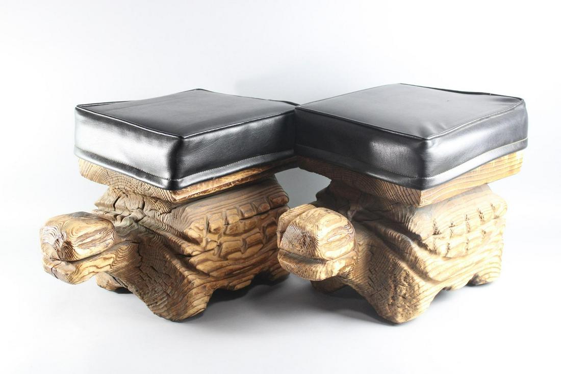 Pair Mid-Century Modern Witco Tiki Style Wood Turtle Ottomans Stools (1 of 14)