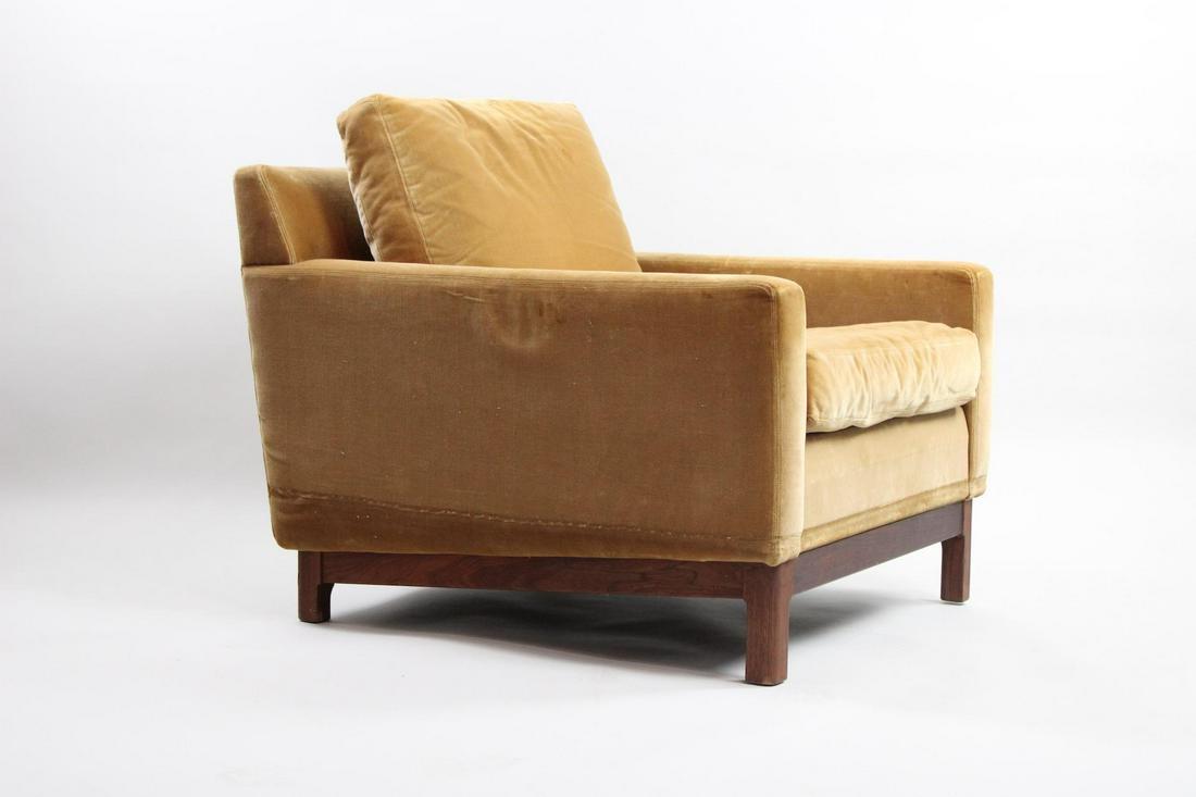 Mid-Century Modern Dux Brown Velvet Club Lounge Chair: Mid-Century Modern Dux Brown Velvet Club Lounge Chair. Luxuriousvelvet-like upholstered chair has a deep, low shape with the kind of cushioning you want to relax into. Darkwood frame appears to be wal