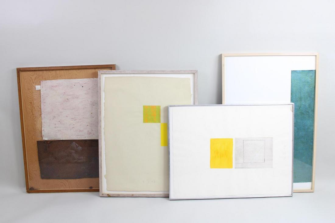 Lot of 4 Framed Contemporary Mixed Media Collages, Roger Shepherd: Lot of 4 Framed Contemporary Mixed Media Collages, Roger Shepherd. Four complementary framed mixed media art pieces, 3 framed in wood and one metal. Materials include paper, paint, wood and canvas. On