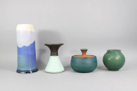 Lot of 4 Mid-Century Modern Green & Blue Studio Pottery, Signed: Lot of 4 Mid-Century Modern Green & Blue Studio Pottery, Signed. Included are a tall blue, green & white vase signed William Wyman 1976, a blue, brown & metallic gold vase with the mark of Lynne MacDo