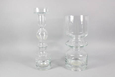 Pair of Modernist Glass Vases, Nanny Still for Riihimaen Finland: Pair of Modernist Glass Vases, Nanny Still for Riihimaen Finland. Both vases are clear glass attributed toRiihimaenLasi oy Finland; one is a Nancy Still pompadour vase. No marks or labels. 