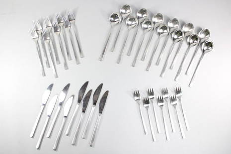 Danish Mid-Century Modern Set of Tias Eckhoff Flatware Fuga Pattern Desiged for Lundtofte: Danish Mid-Century Modern Set of Tias Eckhoff Flatware Fuga Pattern Desiged for Lundtofte. This is an excellent set of designer flatware by Lundtofte. There are: 7 salad/desert forks, 8 dinner forks,