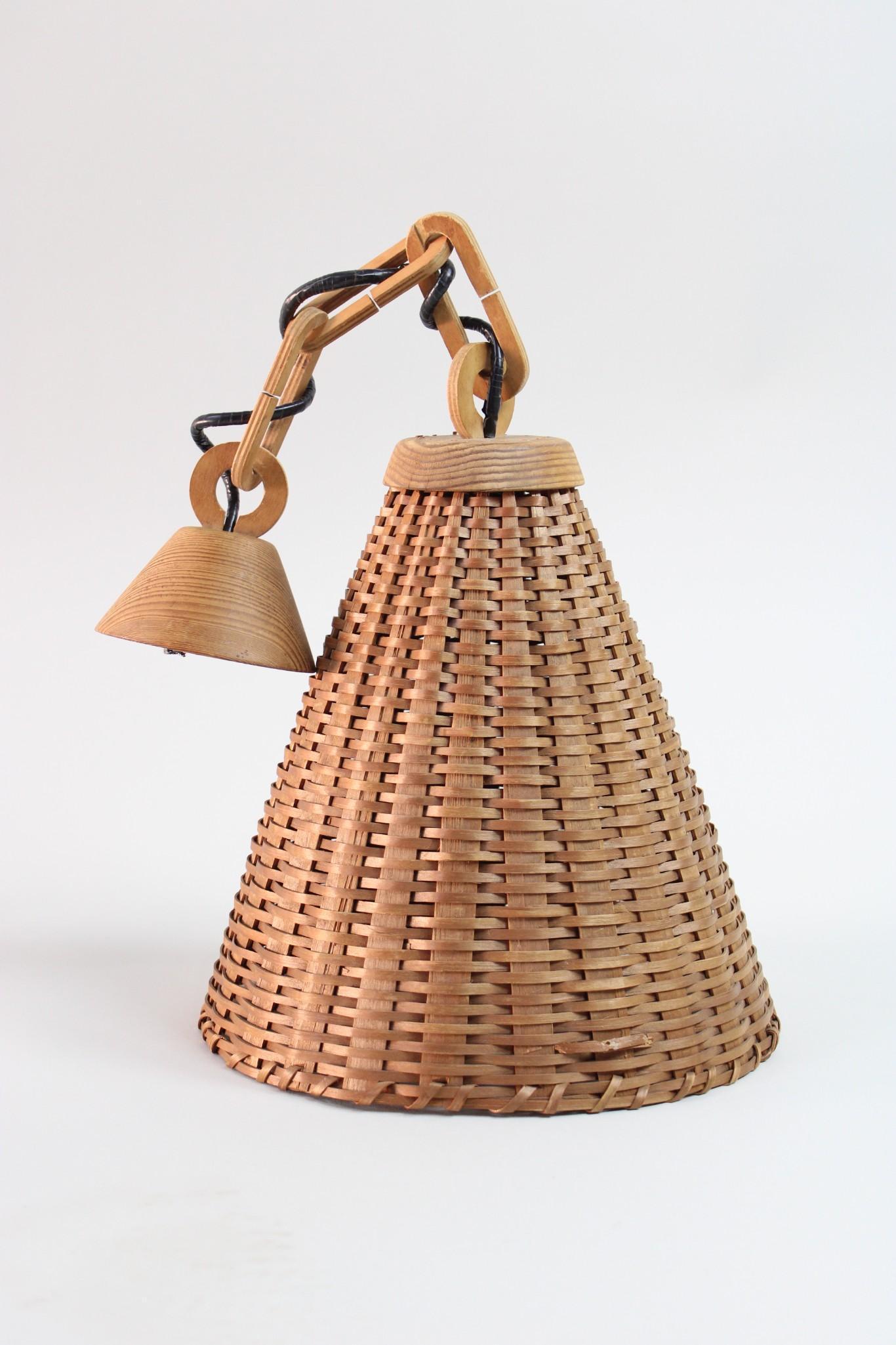 Mid Century Modern Conical Wicker Hanging Light with Wooden Chain (1 of 8)