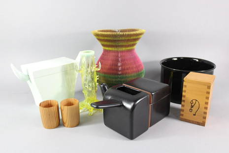 9 Pc Lot Modern Vessels, Philippe Starck Meu Meu + More: 9 Pc Lot Modern Vessels, Philip Starck Meu Meu + More. Included are a multicolor vase made of paper, A Phillippe Starckfor Alessi MeuMeu horned cheese grater box (missing grater), a John Walsh style V