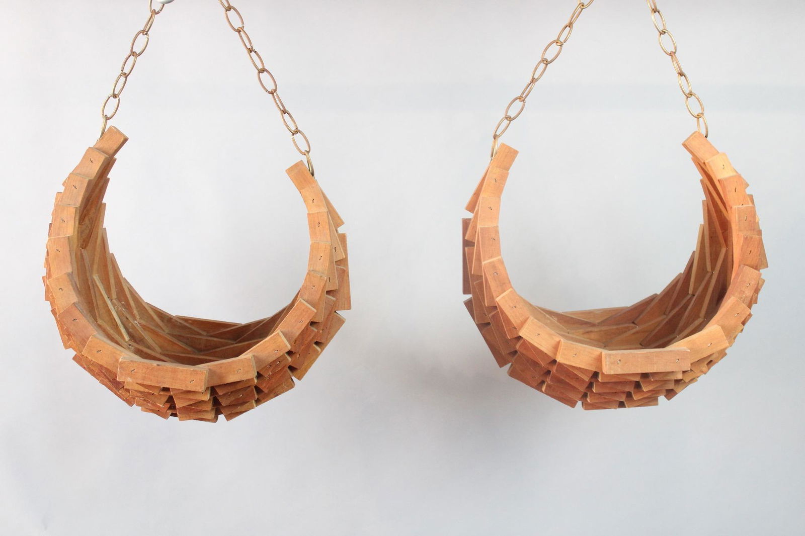 Pair of Boho Hanging Abstract Wood Basket Plant Holder, Mid Century Modern (1 of 8)