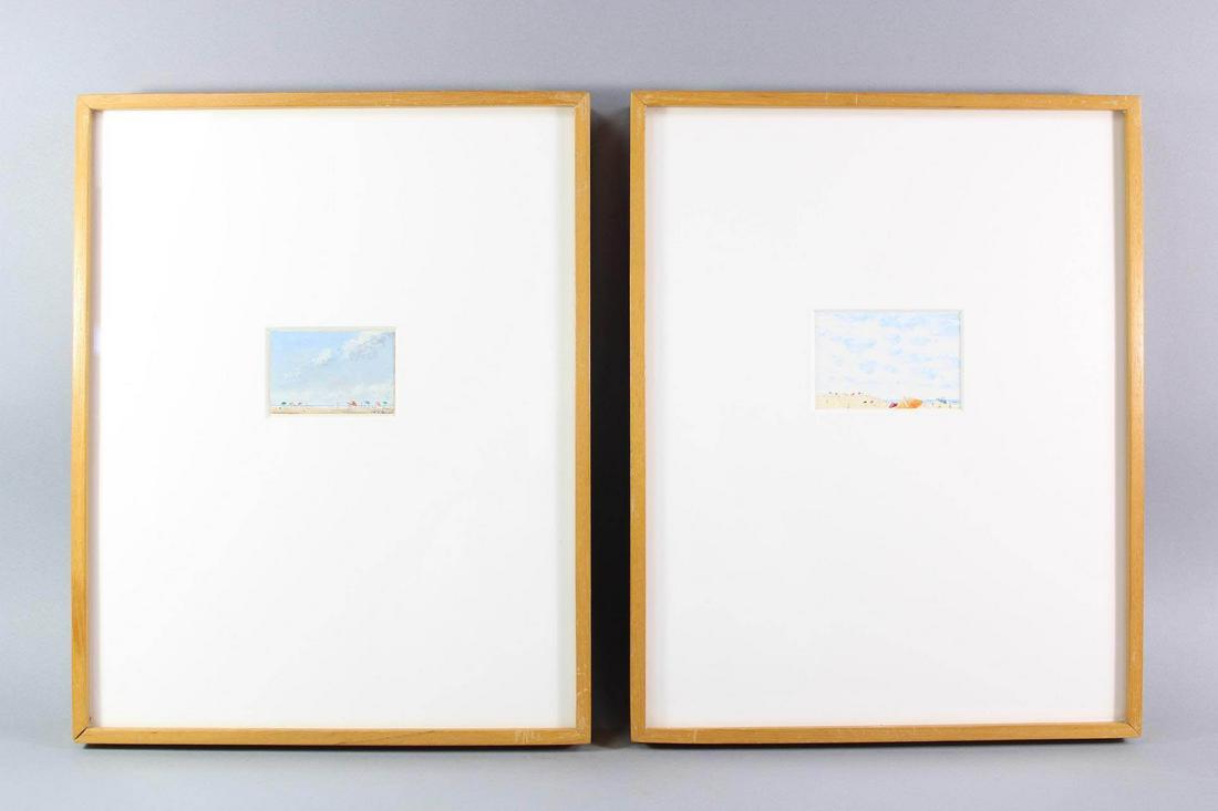 Pair of Duncan McCandless Miniature Beach Scene Watercolor Paintings: Pair of Duncan McCandless (American b. 1941) Miniature Beach Scene Watercolor Paintings. Matching pair of watercolor and gouache paintings depicting beach scenes with umbrellas, matted and framed in w