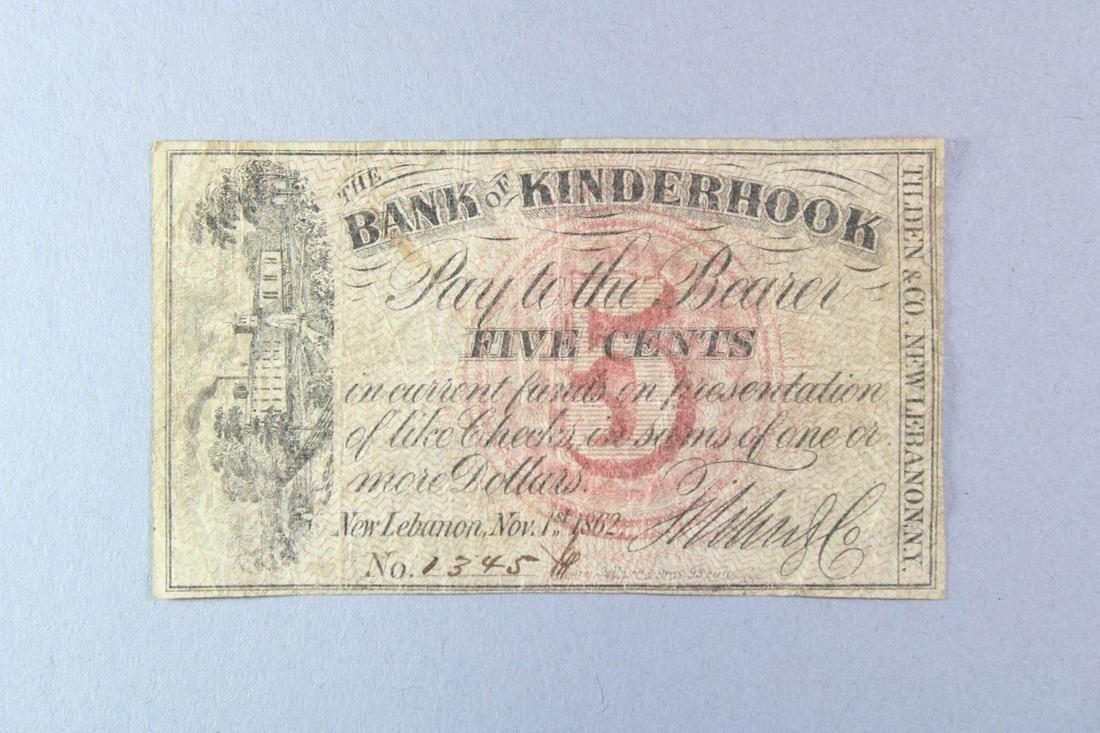 Kinderhook Bank 5 Cent Note, 1862, Tilden & Co New Lebanon NY (1 of 6)