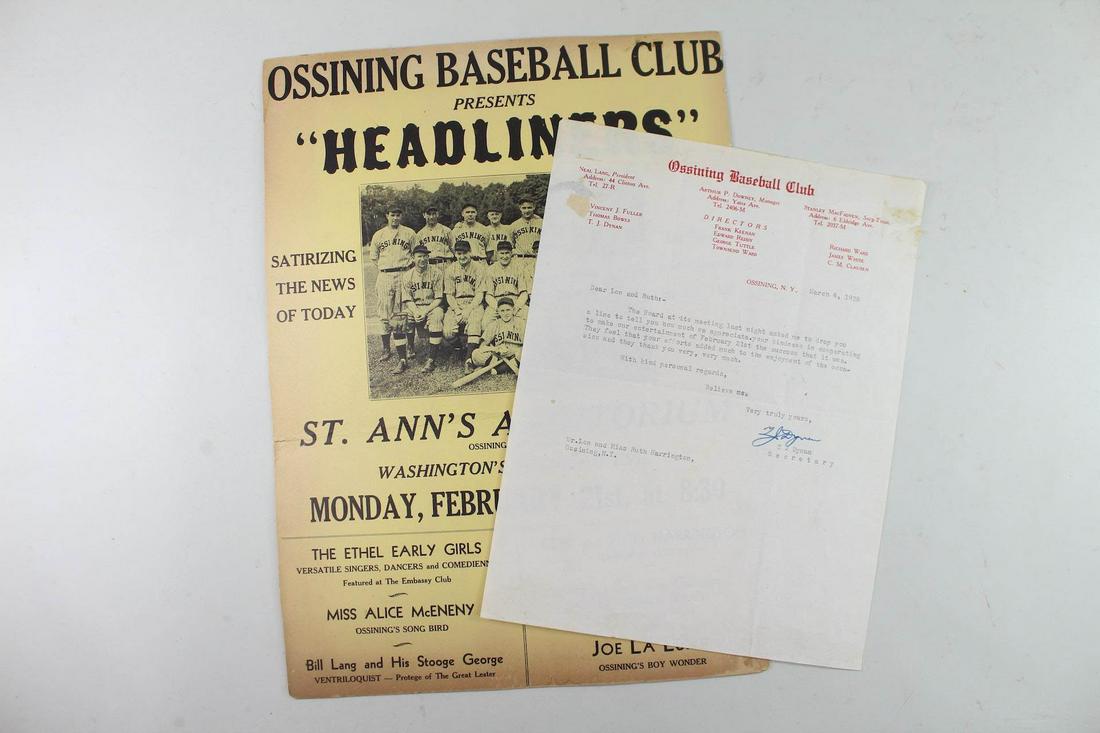Ossining Baseball Club New York Ad Poster & Letter 1938 (1 of 10)