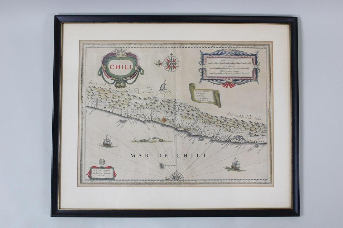 Framed Antique 1630 Map of Chile, Willem Janszoon Blaeu: Framed 1630 Map of Chile, Willem Janszoon Blaeu. Copperplate engraving with original hand-coloring. Has a fold down the center. Framed in black wood with gold trim.Dimensions are 20 in h x 24.25 in w