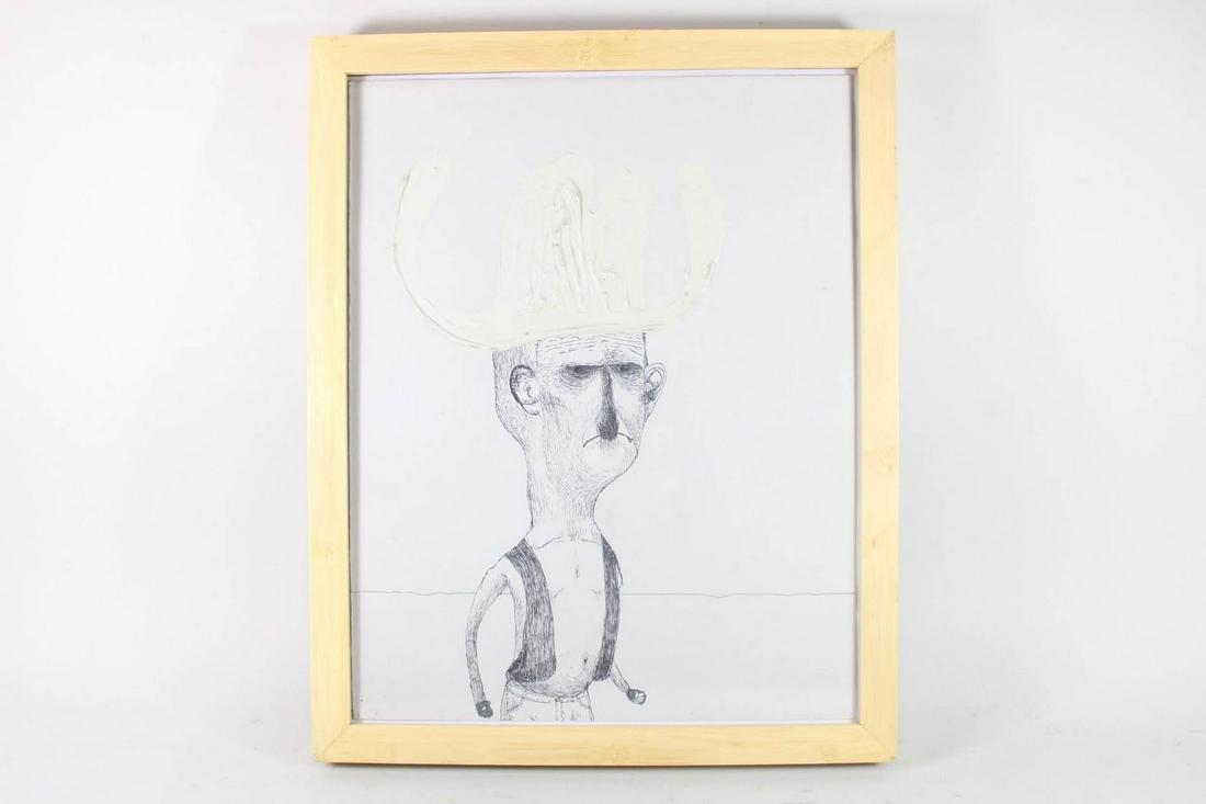Framed Ink Illustration of an Grumpy Cowboy: Framed Illustration of an Grumpy Man Wearing a White Cowboy Hat. Drawn in ink and white paint, with no signature, with a natural wood frame. Dimensions are 15.5 in h x 12.25 in w x 1.5 in d. Condition