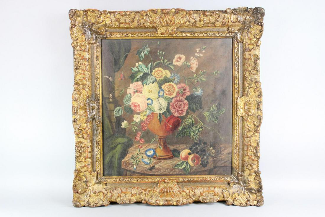 Antique 19th C. Still Life Painting of Flowers, Oil on Board in Gilt Frame (1 of 16)