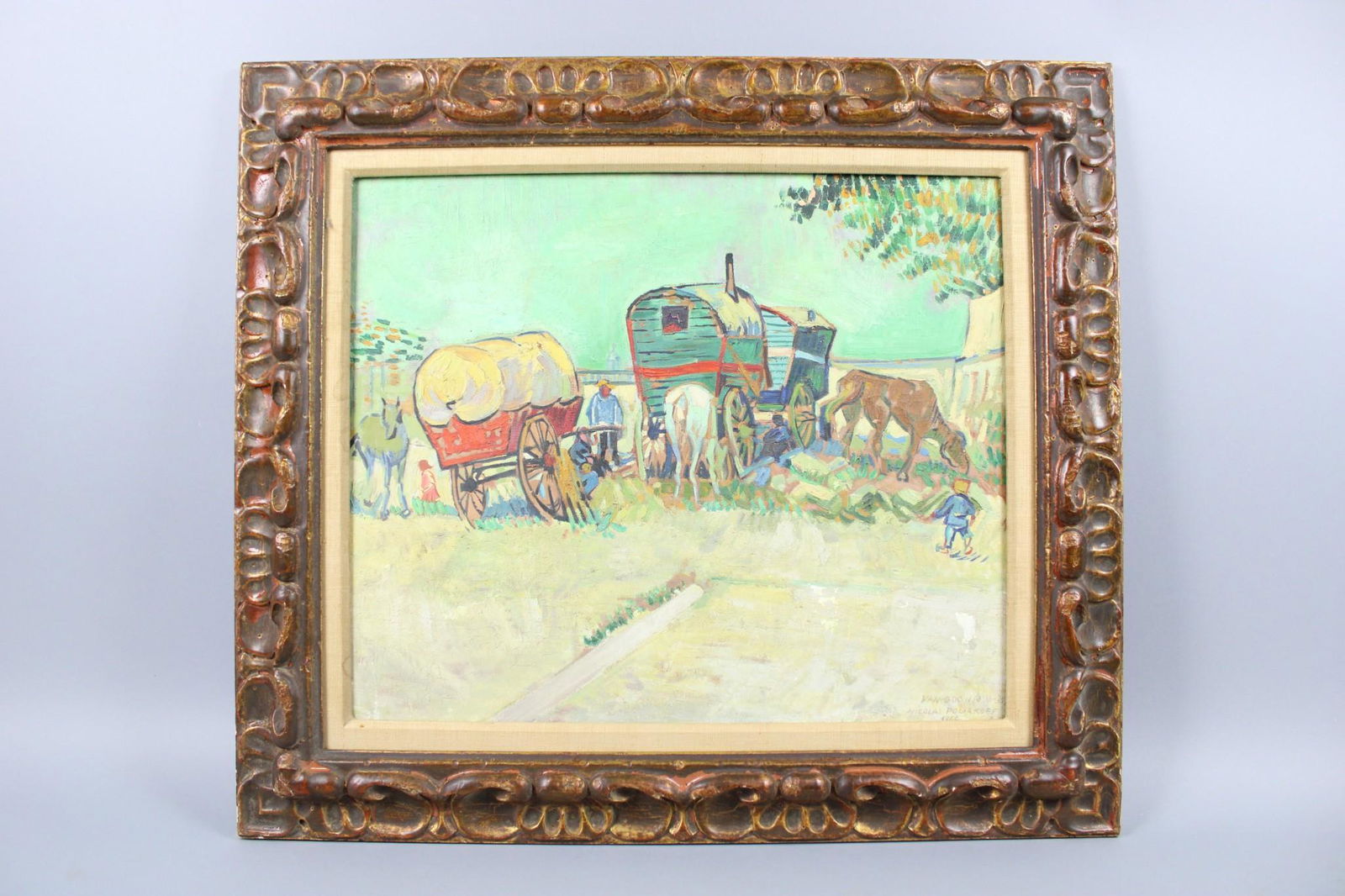 Copy of Van Gogh's Encampment of Gypsies with Caravans by Nicolas Poliakoff, 1966: Master Copy of Vincent Van Gogh's Encampment of Gypsies with Caravans. This is an excellent copy of Van Gogh's, "Encampment of Gypsies with Caravans." It was done by Nicolas Poliakoff in 1966. Nicolas