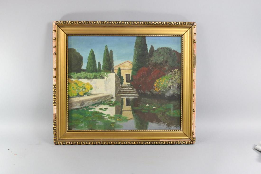 Framed Painting of Reflection Pond & Lily Pads: Framed Painting of Reflection Pond & Lily Pads. This is a lovely painting depicting a stone building reflecting in a pond with lily pads. It has a gold, gilt frame. The painter has a nice impressionis