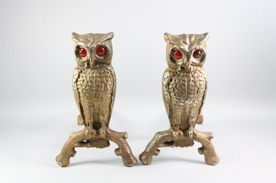 Pair of Cast Owl Andirons with Amber Glass Eyes (1 of 9)