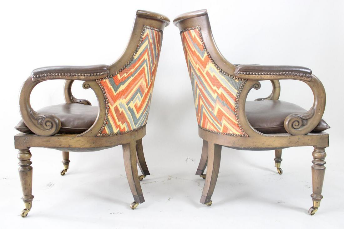 Pair of Brown Leather Jockey Club Chairs w/Modern Fabric Backs (1 of 18)