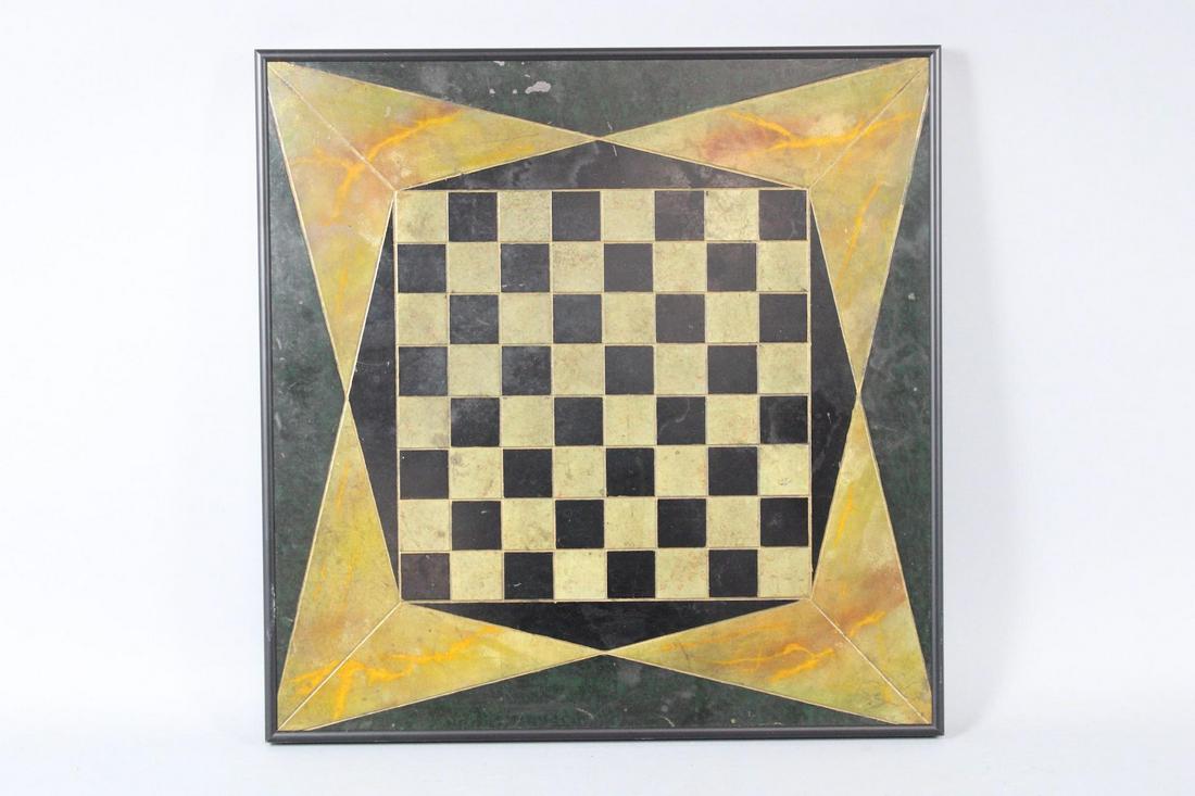 Framed 19th C. Faux Painted Marblized Folk Art Slate Game Board, Yellow (1 of 7)