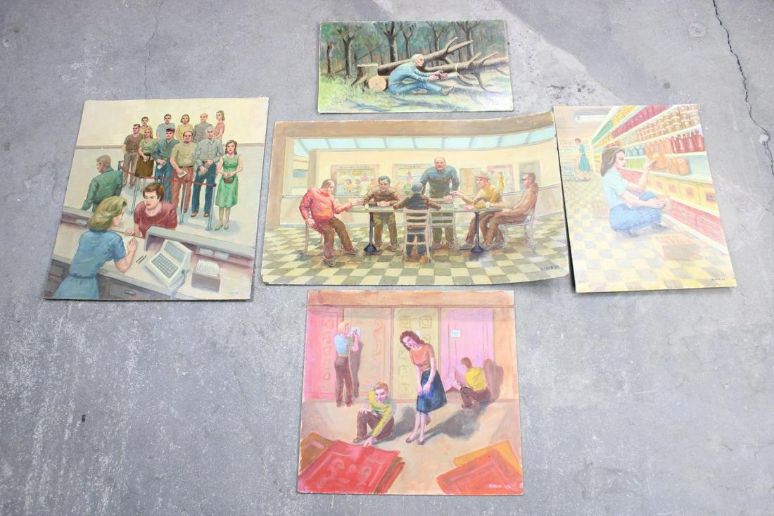Lot of 5 Paintings of Domestic & Retail Scenes, Reber c. 1990s: Lot of 5 Paintings of Domestic Scenes, Reber c. 1990s. Paintings, unframed on boards, depict people shopping for rugs, woman at supermarket, men at lunch table, line at bank counter, and man sawing a 