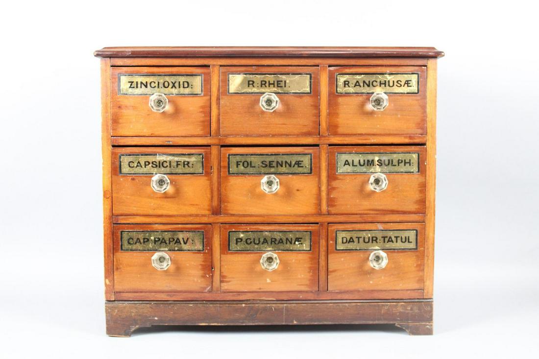 Antique Wooden Apothecary Chest w/ Reverse Painted Glass Labels (1 of 12)