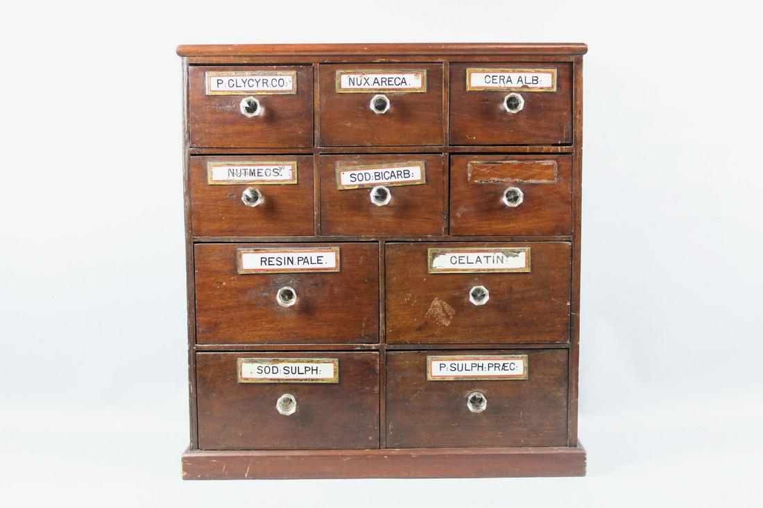 Antique 10-Drawer Wood Apothecary Cabinet with Glass Labels and Pulls (1 of 13)