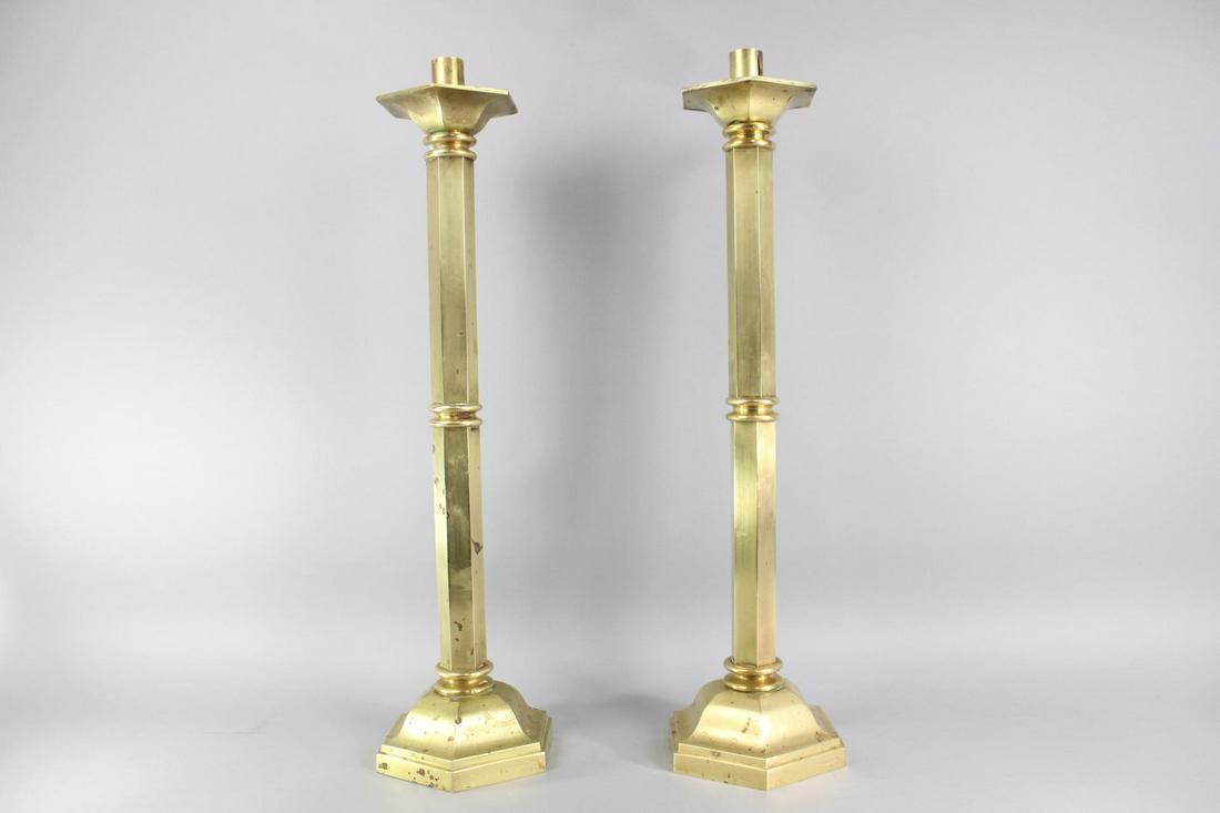 Pair of Tall Neoclassical Column Brass Candlesticks (1 of 11)