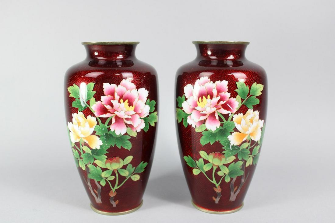 Pair of Japanese Akasuke Pigeon Blood Enamel Cloisonne Vases (1 of 9)