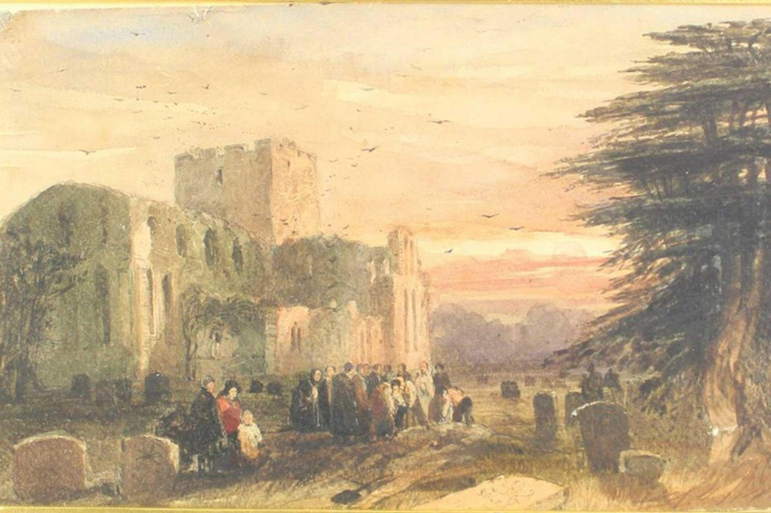 19th C Antique Landscape Watercolor with Ruined Castle and Funeral (1 of 11)