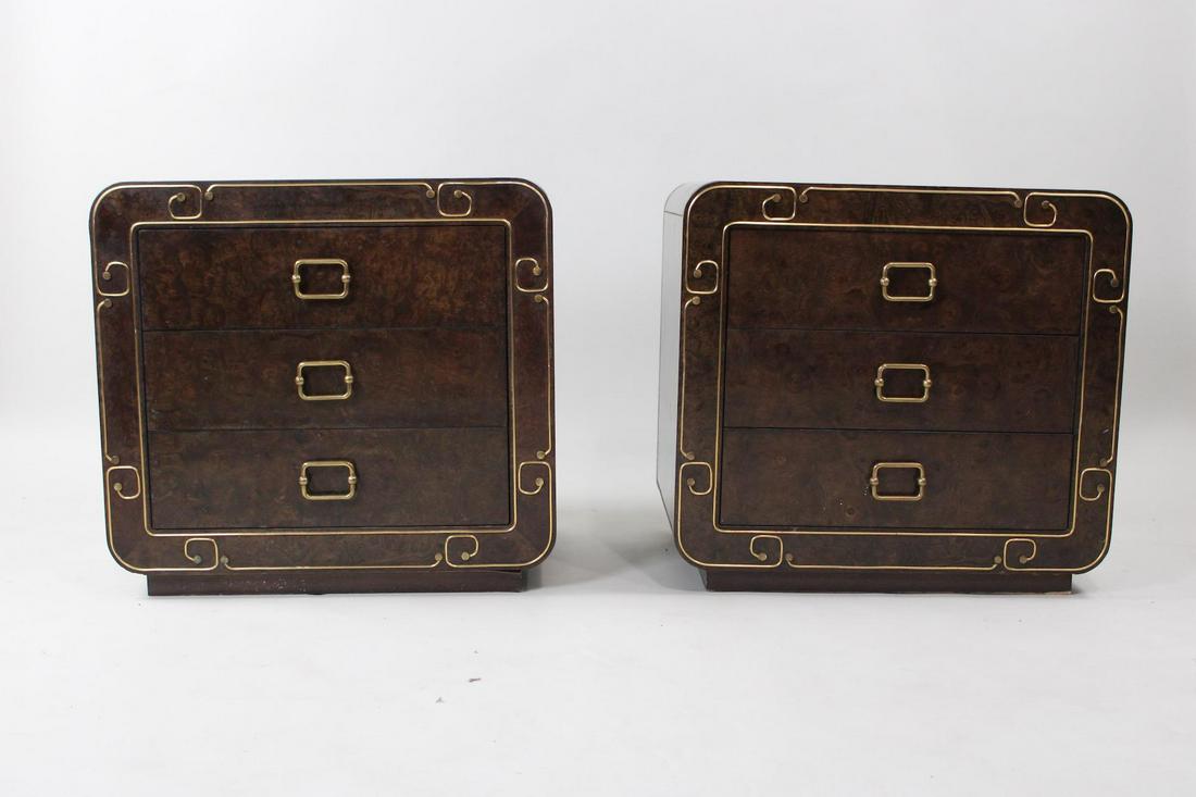 Pair of Burl Wood & Brass Asian Style Mastercraft End Tables: Pair of Burl Wood & Brass Asian Style Mastercraft End Tables. These two mid century modern night stands have brass details with the Burl wood. No makers mark but attributed to Mastercraft. Dimensions