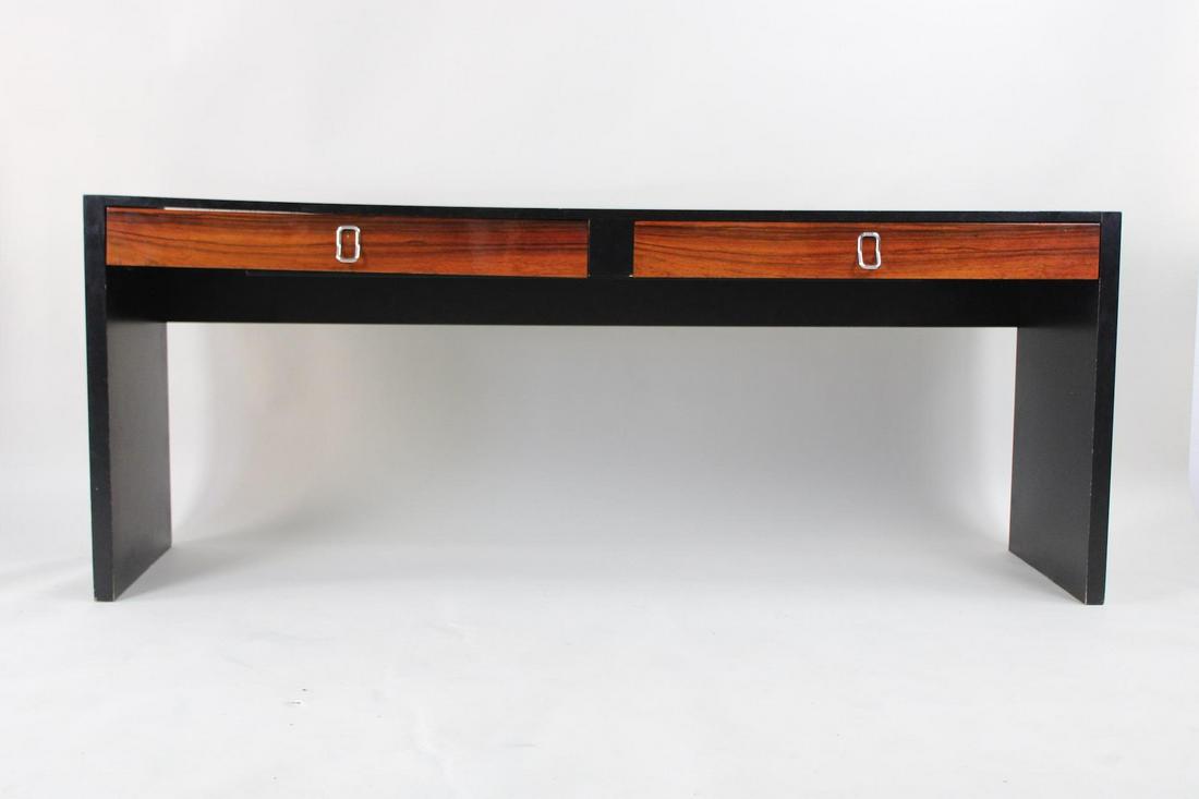 Mid Century Modern Black & Rosewood Console Table: Mid Century Modern Black & Rosewood Console Table. Very nice pulls on the two drawers. Dimensions are 28.25 in h x 72 in w x 18 in d. Condition is good, slight warp to the top creating slight separati