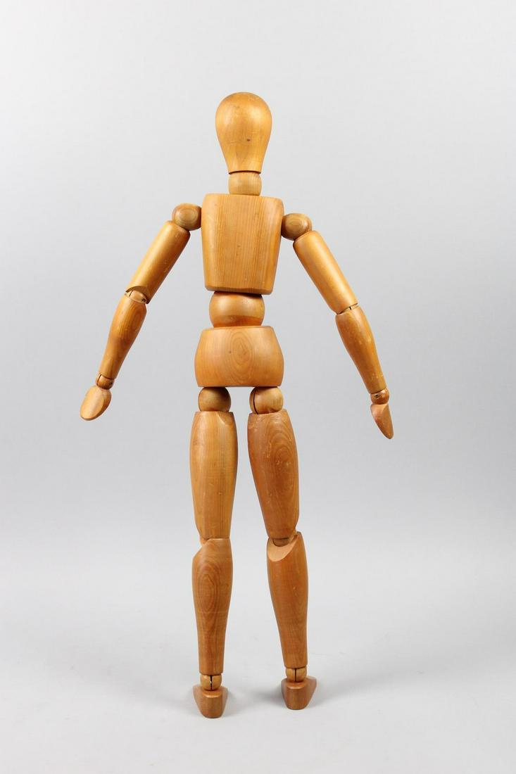 Mid Century Modern Large 26" Wooden Artist's Model Mannequin: Mid Century Modern Large 26" Wooden Artist's Model Mannequin. This is a nice larger than normal sized artist's mannequin. The figure is fully jointed. Dimensions are 26 in h x 7.25 in w x 3 in d. Cond
