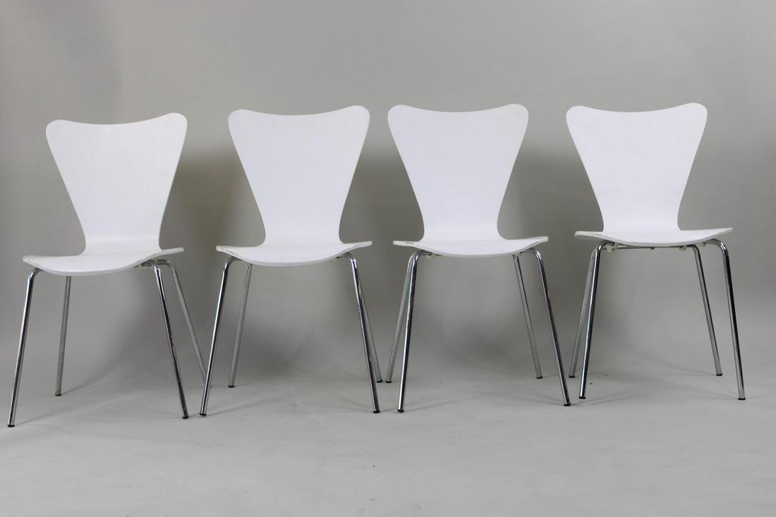 Set of 4 Danish Modern Stacking Dining Chairs, Arne Jacobsen: Set of 4 Danish Modern Stacking Dining Chairs, Arne Jacobsen. These chairs are white wood with chrome legs. They are attributed to Arne Jacobsen. Dimensions are 33.5 in h x 17.25 in w x 20.5 in d. The