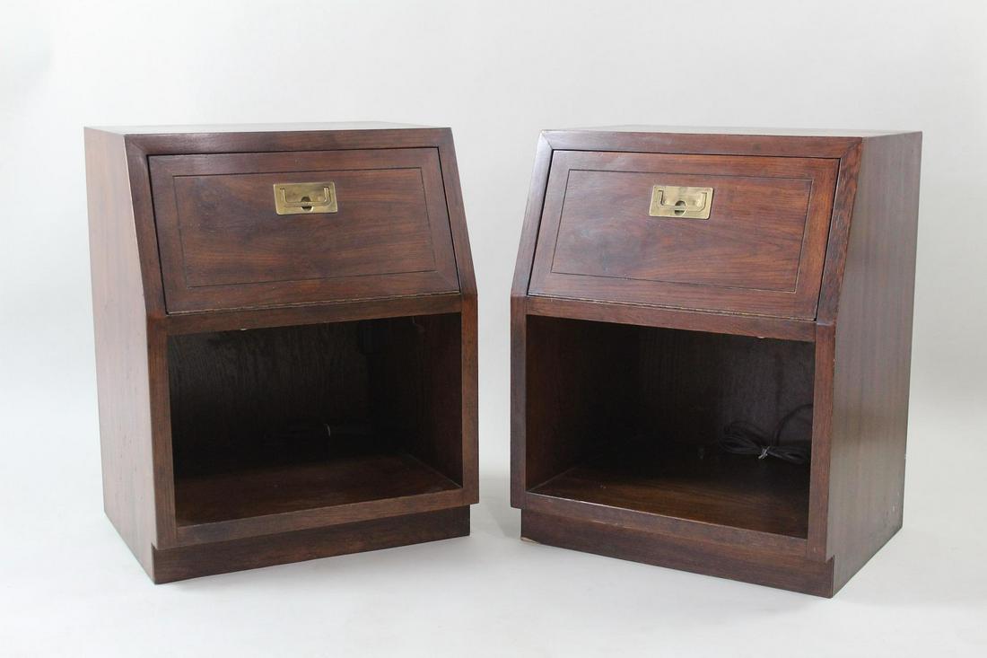 Pair of Slant Front Campaign Style End Tables by Henredon: Pair of Slant Front Campaign Style End Tables by Henredon. This pair of end tables have a paper label from Henredon. Dimensions are 28 in h x 22 in w x 18 in d. Condition is very good. Please call or