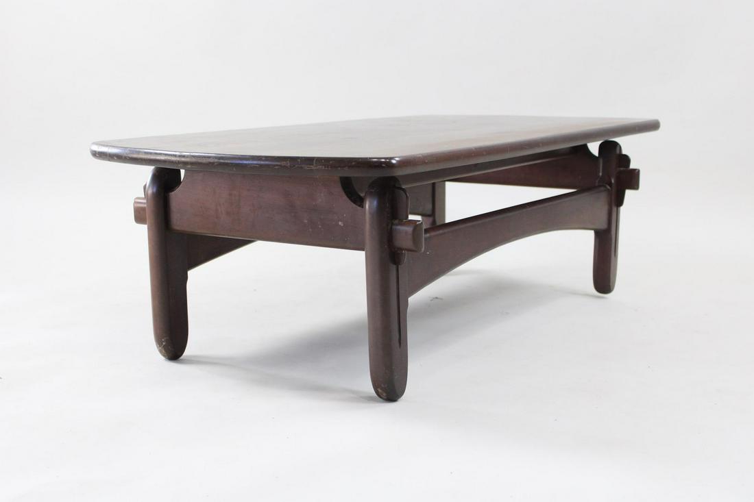 Mid Century Modern Studio Craft Coffee Table, Mortise & Tenon: Mid Century Modern Studio Craft Coffee Table, Mortise & Tenon. A very interesting design coffee table with chunky rounded legs and Mortise & Tenon. Dimensions are 14.5 in h x 23 in w x 47 in d. Condit