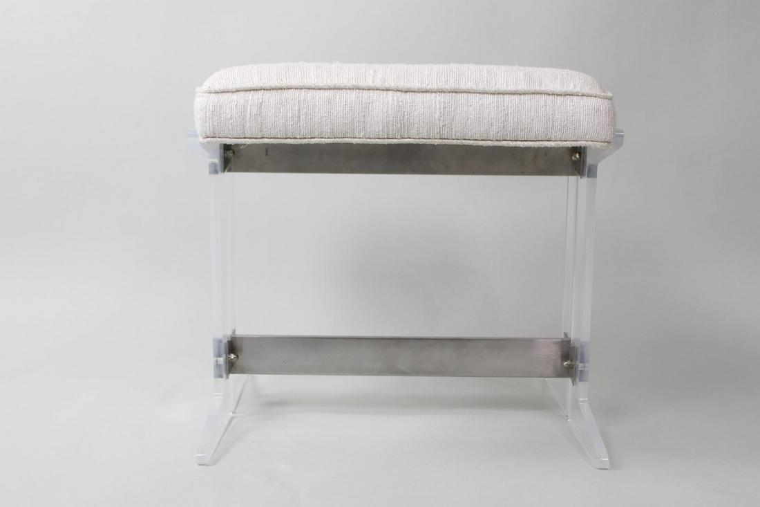 Mid Century Modern Lucite & Aluminum Bowtie Ottoman Stool: Mid Century Modern Lucite & Aluminum Bowtie Ottoman Stool. This nubby upholstered top cushion over the l;ucite base with two aluminum bowtie joints. Dimensions are 17 in h x 18.5 in w x 16.25 in d. Co