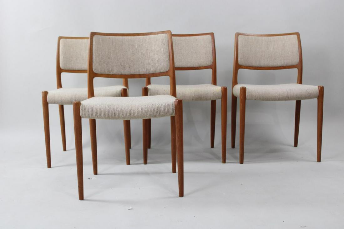 Set of 4 Danish Modern Teak Model 80 Dining Chairs by Niels Otto Moller: Set of 4 Danish Modern Model 80 Dining Chairs by Niels Otto Moller for J.L. Moller Mobelfabrik. They have nice neutral upholstery with one of the chairs having issues with the upholstery. They are mar
