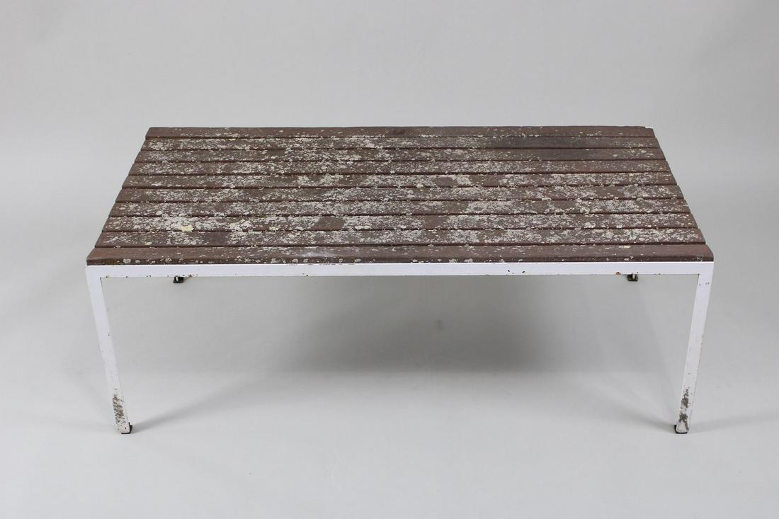 Mid Century Modern Knoll Slatted Outdoor Coffee Table, Lichen Covered: Mid Century Modern Knoll Slatted Outdoor Coffee Table, Lichen Covered. This angle iron framed table with wooden slats is completely lichen covered beautifully! It has an original Knoll label on it. Di