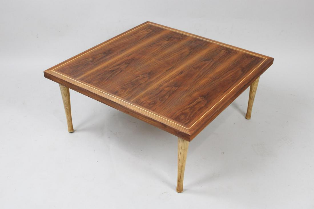 Square Modern Coffee Table w/Figured & Inlaid Wood Top: Square Modern Coffee Table w/Figured & Inlaid Wood Top. Beautiful low square table has a top made with dark figured wood, with an inlaid pinstripe on the beveled edge. Legs are turned blonde wood and