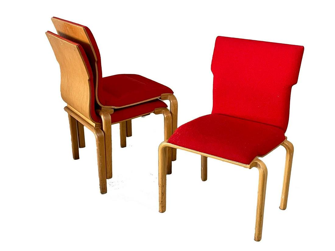 Set of 6 Thonet Bill Stephens for Knoll Style Bentwood Stacking Chairs, 2 of 7: Set of 6 Thonet Bill Stephens for Knoll Style Bentwood Stacking Chairs, 2 of 7. They are not marked anything, attributed to Bill Stephens for Knoll. Very vibrant red cushions that are soft and in good