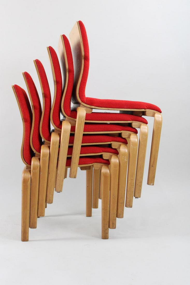 Set of 6 Thonet Bill Stephens for Knoll Style Bentwood Stacking Chairs, 4 of 7: Set of 6 Thonet Bill Stephens for Knoll Style Bentwood Stacking Chairs, 4 of 7. They are not marked anything, attributed to Bill Stephens for Knoll. Very vibrant red cushions that are soft and in good